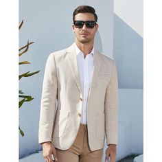 This linen suit made of hight quality cotton linen fabric, which is lightweight, breathable, soft and durable. Professional suit fabric and exquisite tailoring keeps this blazer sharp. This casual sport coat with notch lapel, regular fit, two button closure, left chest real pocket, two real side pockets, inside a real pocket, light shoulder pad. Finished by excellent stitching, this sport coat blazer has a linen texture specially designed for western men, will really make you minimalistic, elega Single Breasted Cotton Suit For Business Casual, Business Casual Single Breasted Cotton Suit, Single-breasted Cotton Suit For Business Casual, Business Casual Single-breasted Cotton Suit, Beige Casual Semi-formal Suits, Beige Sport Coat With Welt Pockets And Suit Collar, Casual Beige Blazer With Suit Collar, Spring Business Sport Coat With Suit Collar, Cotton Single Button Suit For Business Casual