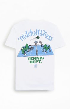 a white t - shirt with an image of two tennis players on the court and words mitchell