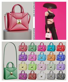 the different colors of purses are shown in this collage, including pink, green, blue, and yellow