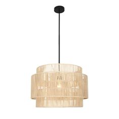 the bamboo chandelier is hanging from a black metal rod and has a round light fixture