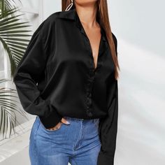 Black Satin Blouse Satin Button Down Shirt, Black Satin Blouse, Party Blouse, Women White Blouse, Perfect Blouse, Hot Style, Loose Shirts, Satin Blouse, Spring Tops