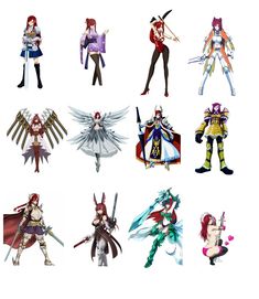 an image of some anime characters in different outfits and poses for the game character model sheet