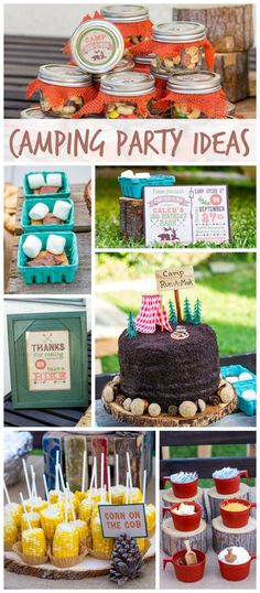 a collage of camping party ideas including cake, cupcakes and desserts