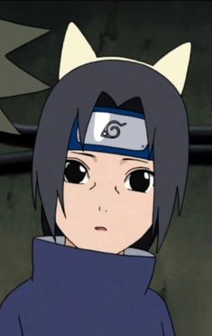 an anime character with black hair wearing a blue hoodie and cat ears on her head