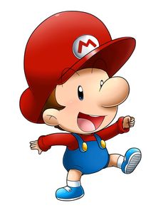 a cartoon character wearing a red hat and blue overalls, running with his arms out