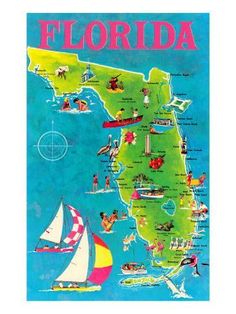 an old florida map with boats and people on it's sides, in blue water