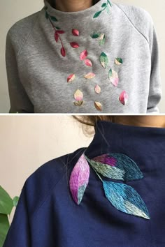 two pictures one is showing the back of a woman's shirt and the other shows an embroidered leaf