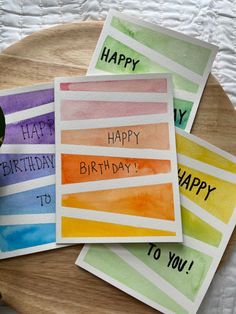 three cards with happy birthday written on them