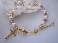 Femanine Gold, Pink Pearl Traditional Rosary Bracelet, Mother's Day Gift, Single Decade Bracelet, Re Adjustable Gold Rosary Bracelet With Pearl Charm, Adjustable Gold Pearl Rosary Bracelet, Wedding Rosary Bracelet With Gold Pearls, Gold Bracelets With Round Beads For First Communion, Elegant Pink Rosary Bracelet For Wedding, Elegant Pink Wedding Rosary Bracelet, Elegant Pink Bracelets For First Communion, Gold Spiritual Rosary Bracelet For Wedding, Rosary Bracelet