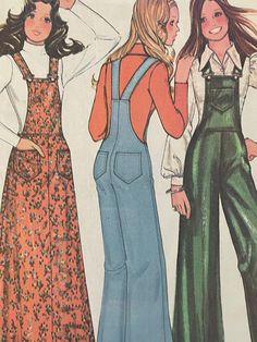 Stitch trimmed overalls and jumper have lined bib, patch pockets, buckled straps, and left side zipper. The pattern is neatly cut and complete with instructions. The envelope has discoloration due to age and wear/small tears at the edges. Vintage Overalls Pattern, Overalls Outfit 70s, Fall Bib Front Overalls With Suspenders, Fall Shortalls With Bib Front And Pockets, Retro Bib Front Overalls With Pockets, Vintage Overalls With Suspenders, Fitted Bib Front Overalls For Fall, Retro Style Shortalls With Pockets, Retro Shortalls With Pockets