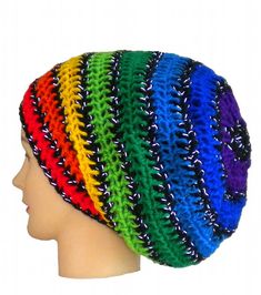 Rainbow reflective beanie, big dreadlock tam, safety reflector rasta hat, lgbt clothing, festival clothing by MultiKultiCrafts Bohemian Multicolor Beanie Cap, Bohemian Beanie One Size Fits Most For Festival, Bohemian Beanie For Festivals, Multicolor Slouchy Bohemian Crochet Hat, Adjustable Multicolor Bohemian Beanie, Dreadlock Rasta, Reflective Accessories, Rainbow Beanie, Jamaican Colors