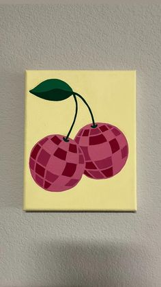 a painting of two cherries on a yellow background