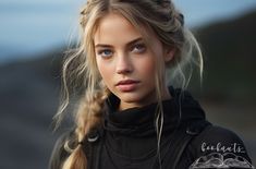 a beautiful young blond woman with blue eyes wearing a black hoodie and braided hair