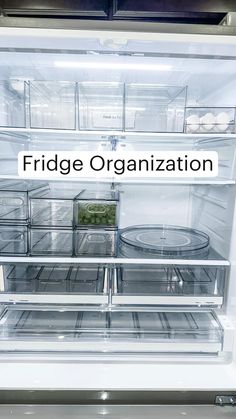 the fridge door is open and there are many containers in it that say fridge organization