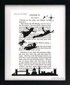 an old book page with the silhouettes of two people flying through the air above them