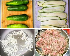 four different pictures show the process of cooking food including zucchini, rice and meat