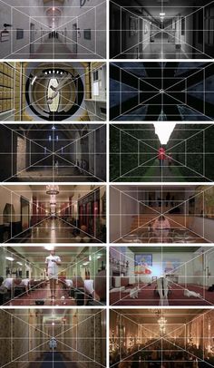 multiple images of the inside of a building with mirrors and lights on them, all showing different rooms