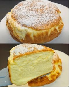 two pictures of different types of desserts on plates with one being cut in half