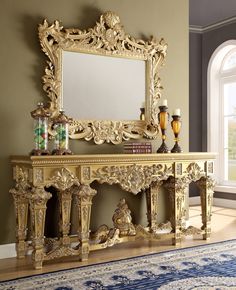 Isidora Bright Gold Console Table  / HD-8086 - Ornate Home Console Table Mirror, Traditional Console Tables, Gold Accent Table, Gold Console Table, Mirrored Console Table, Luxury Home Furniture, Table Mirror, Wood Console Table, Wood Console