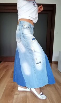 Jeans Skirt Distinctive Long High Waist Dual Denim Patched - Etsy Bulgaria Fitted Blue Denim Skirt With Five Pockets, Blue Cotton Denim Skirt With Five Pockets, Blue Denim Skirt With Five Pockets, Fitted Cotton Denim Skirt With Five Pockets, High Rise Blue Denim Skirt With Five Pockets, High-rise Cotton Denim Skirt With Five Pockets, High Waist Faded Cotton Flare Jeans, High Waist Faded Flare Jeans, Light Wash Long Denim Skirt