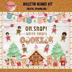 the bulletin board kit includes gingerbreads, cookies and other holiday treats for children