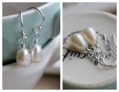 Delicate Freshwater Pearl Earrings on Sterling Silver. These simply stated earrings were handcrafted using genuine freshwater teardrop pearls. They have a beautiful natural iridescent glow to them. They are simply wired onto sterling silver french hook ear wires. Perfect for a Bride or Bridal Party to accessorize on your memorable day. Pearls are the perfect gift for a June Birthday! Length: Approx. 1 inch (see fifth photo for approximate size reference) Pearl Size: 9mm long All items will arriv White Teardrop Wire Wrapped Earrings, Cream Earrings With Ear Wire For Gifts, Handmade Pearl White Pear-shaped Jewelry, Handmade Classic Pear-shaped Pearl Earrings, Cream Teardrop Earrings For Gift, Classic Handmade Pear-shaped Pearl Earrings, Handmade Teardrop Pearl White Earrings, Handmade White Pear-shaped Pearl Earrings, Handmade White Teardrop Earrings For Gift