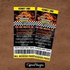 two tickets for a car show with flames on them