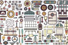 a large collection of different types of machines and parts on a white background with text