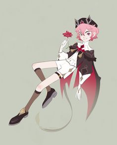 an anime character with pink hair and black shoes, holding a flower in her hand