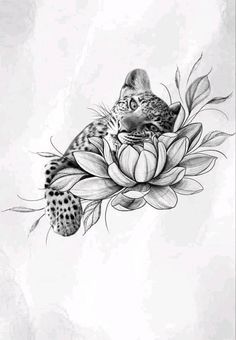 a black and white drawing of a leopard resting on a flower