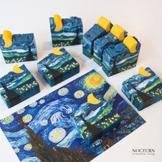 several pieces of art made to look like the starry night with moon and stars on them