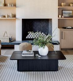 a living room filled with furniture and a fire place in the middle of a room