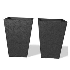 two black planters sitting next to each other on a white background, one is tall and the other is short