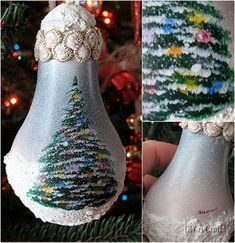 three different pictures of christmas decorations on a tree and in front of a decorated ornament