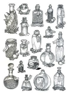 an ink drawing of various bottles and jars