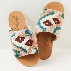 Nwt. Size 40. Cotton, Wool, Textile, Rubber -Slip-On Sandals -Open-Toe Design -Chunky Woven Upper -Lined Footbed -Rubber Outsole Bohemian Slip-on Sandals For Spring, Multicolor Round Toe Mules For Summer, Brown Beach Slippers For Spring, Summer Multicolor Flat Heel Mules, Comfortable Flip Flops With Woven Sole For Spring, Comfortable Spring Flip Flops With Woven Sole, Multicolor Flat Mules For Summer, Closed Toe Slip-on Slides For Beach, Beach Slides With Slip-on Fit And Closed Toe