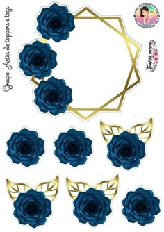 some blue flowers and gold leaves on a white background