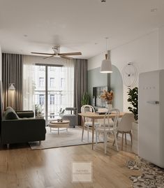 a living room filled with furniture and a dining table in front of a sliding glass door