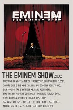 the emime show poster with an image of a man sitting in front of a red curtain