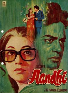 an old movie poster with two people in front of the image and one man wearing glasses