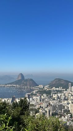 a view of the city and water from atop a hill with mountains in the background