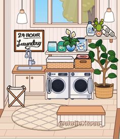 a kitchen with a washer and dryer next to a potted plant