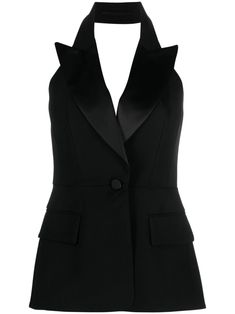 black virgin wool blend satin trim notched lapels sleeveless front button fastening two side flap pockets straight hem square open back Tailored Sleeveless Blazer For Parties, Sleeveless Tailored Party Blazer, Tailored Sleeveless Vest For Night Out, Chic Black Suit With Single Button, Chic Black Single Button Suit, Elegant Sleeveless Party Blazer, Elegant Formal Vest With Lapel Collar, Elegant Black Single-breasted Vest, Luxury Tailored Vest For Workwear