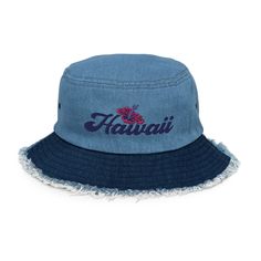 A bucket hat perfect for summer! Featuring distressed denim and an embroidered hibiscus flower, this 100% cotton hat is on-trend and sure to turn heads. Available in multipattern classic dark blue denim and light blue, solid black, classic dark blue, and light blue denim. • 100% cotton • Denim look • Classic brim with distressed look • 4 sewn eyelets on the sides of the hat • 2-panel design Embroidered Hibiscus, Hawaii Hibiscus Flower, Hibiscus Flower Design, Hawaii Hibiscus, Embroidered Bucket Hat, Denim Bucket Hat, Sun Protection Hat, Cotton Hat, Hibiscus Flower