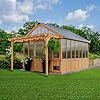 a wooden gazebo sitting on top of a lush green field