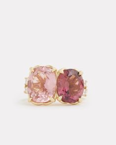 18K Yellow Gold Pink Tourmaline Oval and Cushion Cut Ring with Diamonds, .2 TCWOrnament is 7/8 Inch x 1/2 Inch Sold Out Please Inquire Style# YRLOCPTW Pear Shaped Ring, Cushion Cut Ring, Floral Necklace, Opal Earrings, Bracelet Collection, Opal Rings, Pink Tourmaline, Cushion Cut, Ring Necklace