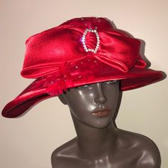 Beautiful Red Church Hat Adjustable Holiday Evening Hat, Red Flat Brim Hat, One Size Fits Most, Red Flat Brim Hat One Size Fits Most, Elegant Red Mini Hat With Curved Brim, Elegant Red Mini Hat With Flat Brim, Red Formal Hat For Winter, Elegant Red Cloche Hat For Winter, Chic Red Mini Hats For Parties, Classic Red Adjustable Hats