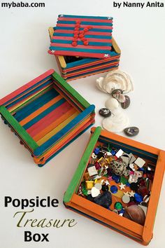 popsicle treasure box made with popsicle sticks and other crafting supplies for kids