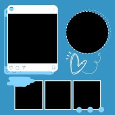 a blue background with some black and white photos on it, including a cell phone