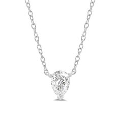 Add instant glamour to your daily wear with this pear solitaire necklace. The white gold pendant features a stylized three-prong basket securing pear-cut diamond that points downwards. This necklace delivers a subtle sparkle that can go from office to evening wear with ease. White Gold Necklace With Single Pear-shaped Diamond, White Gold Pear-shaped Single Diamond Necklace, White Gold Pear-shaped Necklace With Diamond, Pear-shaped White Gold Necklace With Single Diamond, White Gold Solitaire Teardrop Pendant Necklace, White Gold Solitaire Necklace With Teardrop Pendant, Timeless Pear-shaped White Gold Diamond Necklace, Diamond Solitaire Teardrop Pendant Necklace, Formal Solitaire Teardrop Pendant Necklace